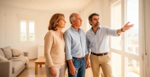 Pareja española conversando con agente inmobiliario en salón de piso en venta