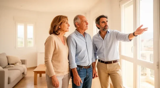 Pareja española conversando con agente inmobiliario en salón de piso en venta