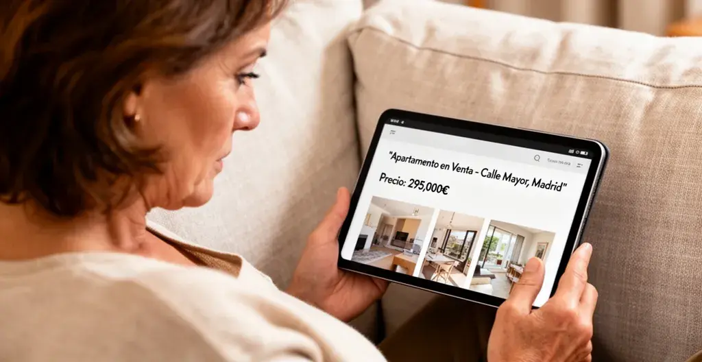 Mujer española de 50 años consultando información inmobiliaria en tablet desde su salón