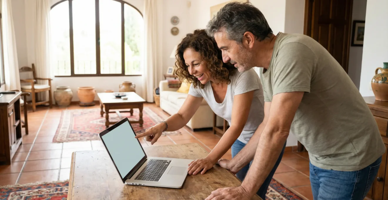 Pareja española de mediana edad consultando valoración inmobiliaria en portátil
