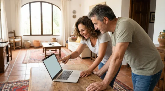 Pareja española de mediana edad consultando valoración inmobiliaria en portátil