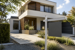 Vivienda moderna con cartel de venta en primer plano, ilustrando la evolución de los precios del mercado inmobiliario.