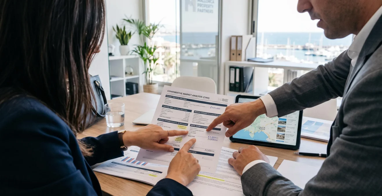 Asesor inmobiliario y cliente comparando costes y condiciones de compra o alquiler.