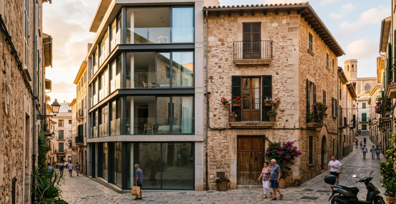 Contraste arquitectónico entre apartamentos modernos y casas tradicionales en Palma de Mallorca.
