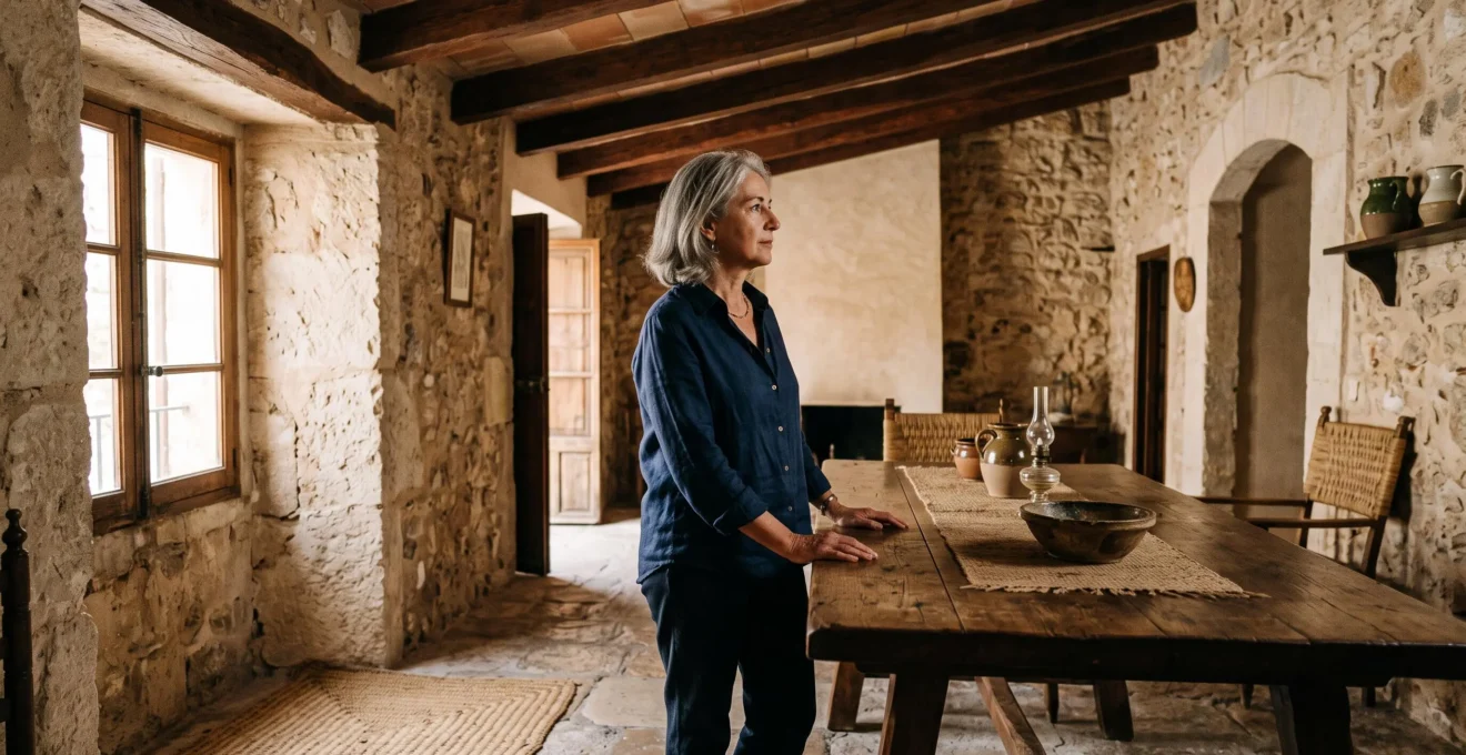 Interior tradicional de una casa balear en Palma de Mallorca con estructura de piedra.